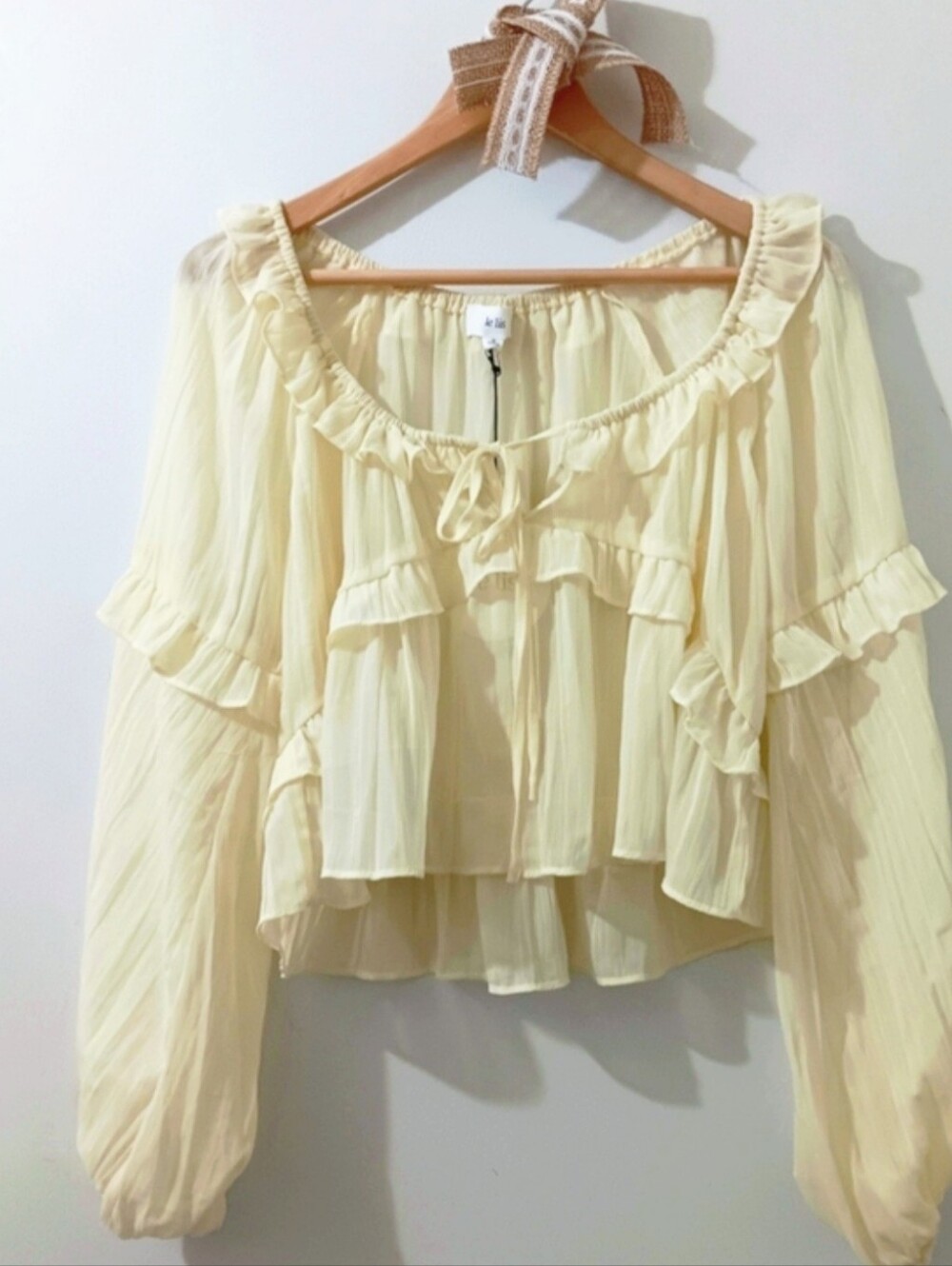 Le Lis Sheer Pale Yellow Ruffled Tiered Flowy Cropped Tie Front Peasant Blouse